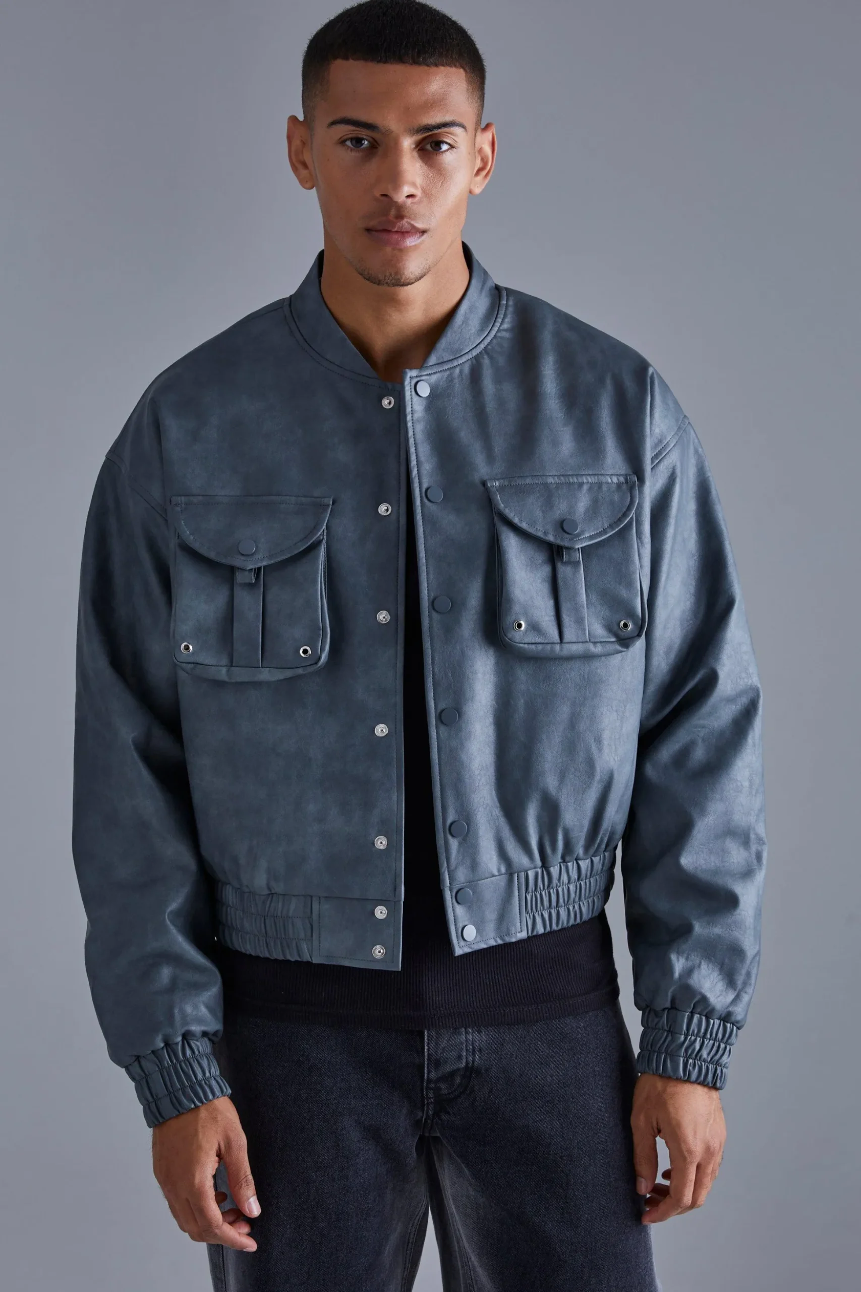 Boxy Cargo Pocket Washed Pu Bomber | BoohooMAN UK