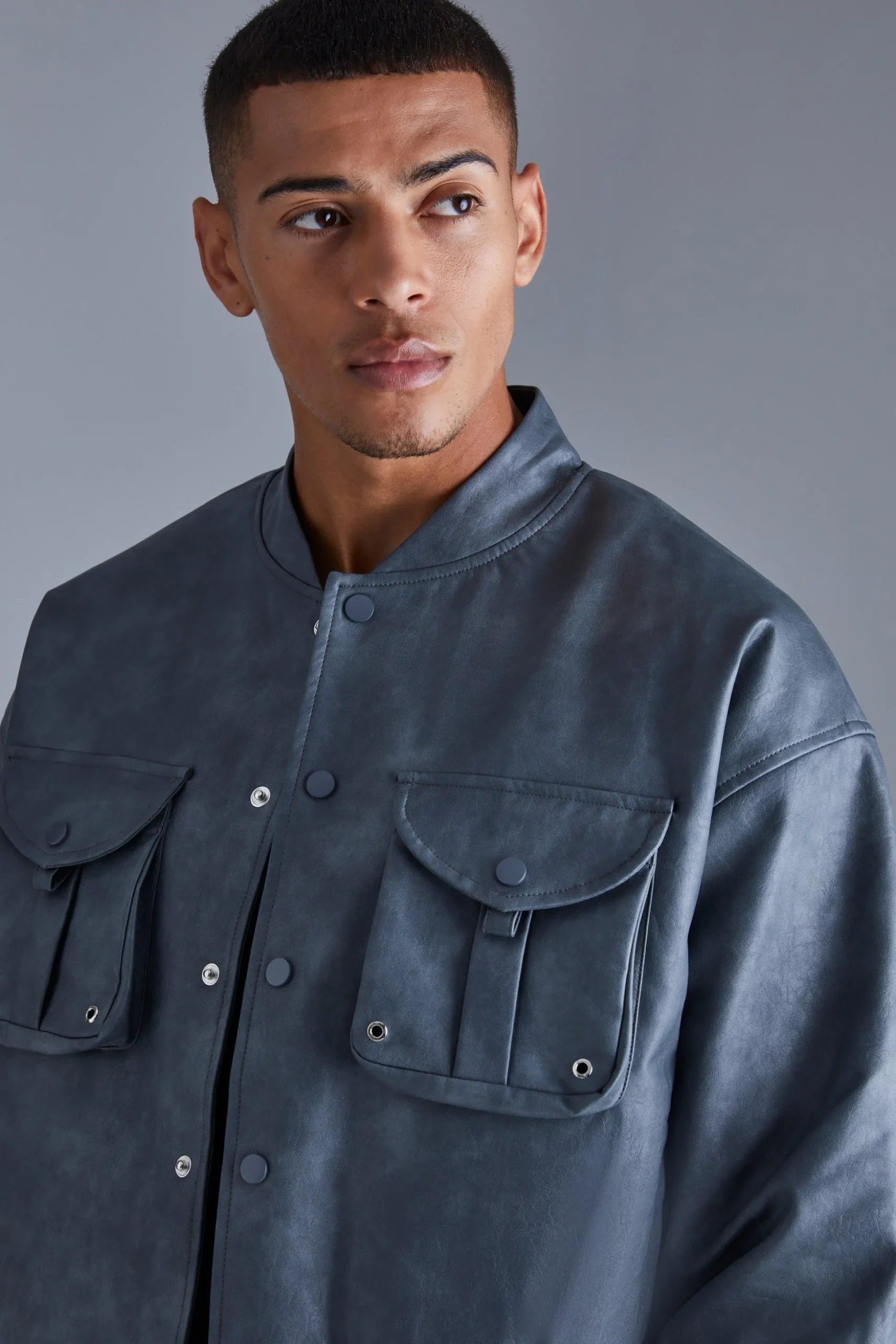 Boxy Cargo Pocket Washed Pu Bomber | BoohooMAN UK
