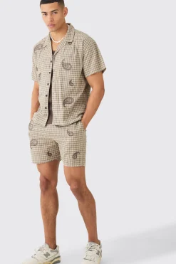 Boxy Check Paisley Embroidered Shirt And Short | BoohooMAN UK