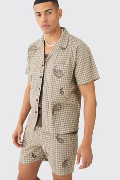 Boxy Check Paisley Embroidered Shirt And Short | BoohooMAN UK
