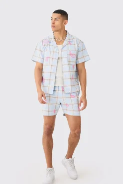 Boxy Check Paisley Embroidered Shirt And Short | BoohooMAN UK