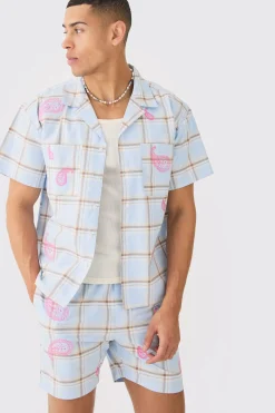 Boxy Check Paisley Embroidered Shirt And Short | BoohooMAN UK