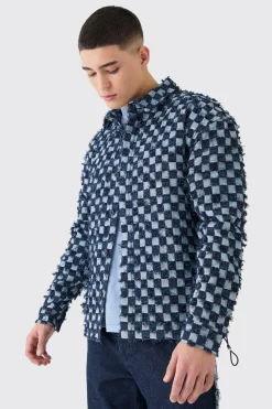 Boxy Checkerboard Distressed Checked Overshirt | BoohooMAN UK