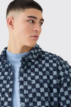 Boxy Checkerboard Distressed Checked Overshirt | BoohooMAN UK