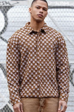Boxy Checkerboard Distressed Checked Overshirt | BoohooMAN UK