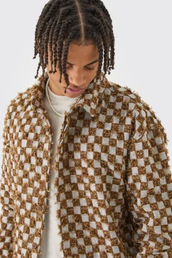 Boxy Checkerboard Distressed Checked Overshirt | BoohooMAN UK