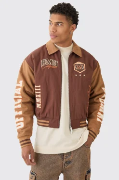 Boxy Collared Twill Varsity Bomber Jacket In Brown | BoohooMAN UK
