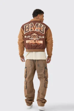 Boxy Collared Twill Varsity Bomber Jacket In Brown | BoohooMAN UK