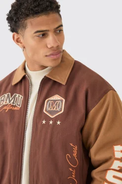 Boxy Collared Twill Varsity Bomber Jacket In Brown | BoohooMAN UK