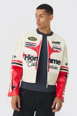 Boxy Collarless Homme PU Moto Jacket In Ecru | BoohooMAN UK