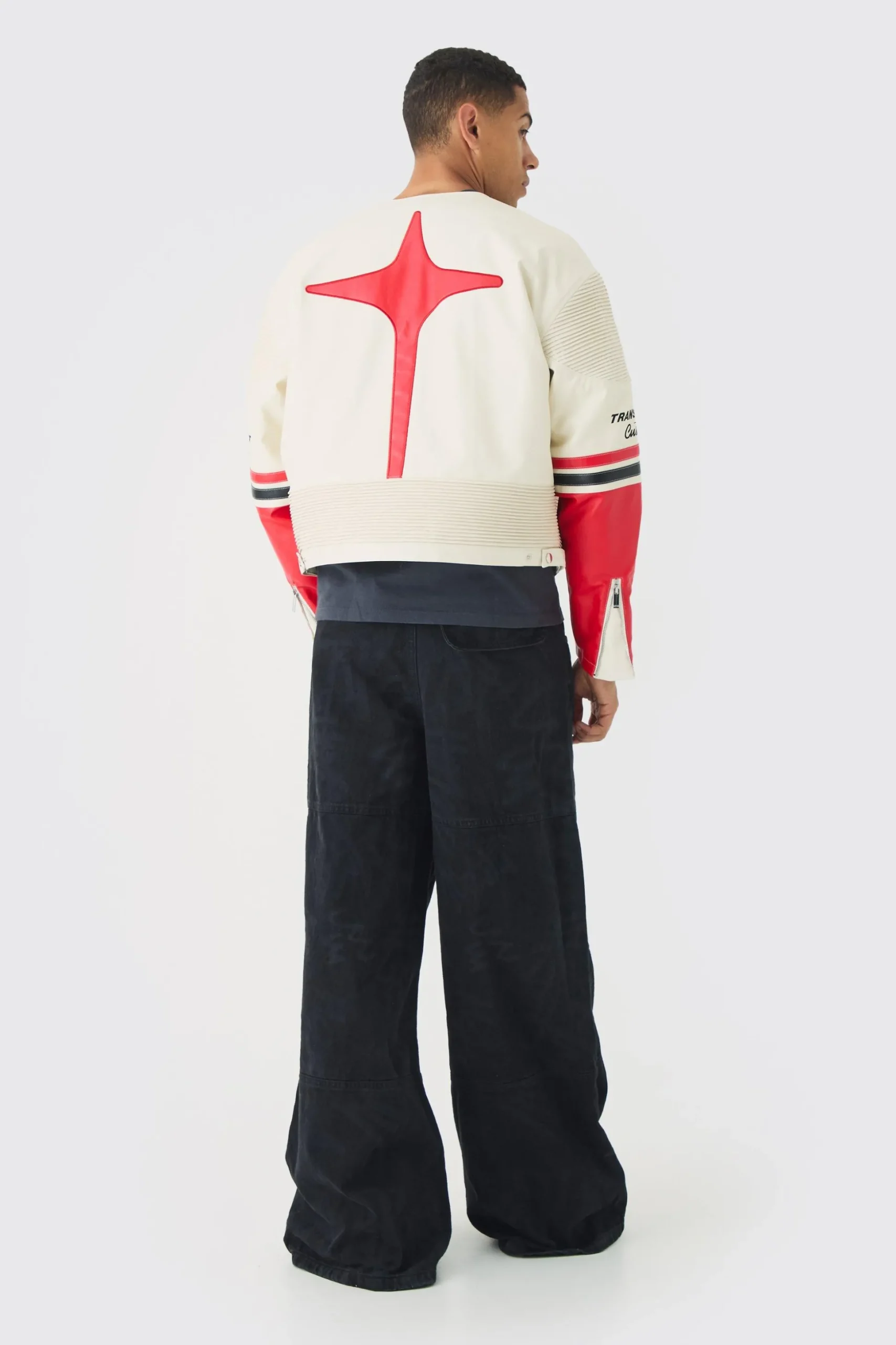 Boxy Collarless Homme PU Moto Jacket In Ecru | BoohooMAN UK