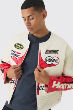 Boxy Collarless Homme PU Moto Jacket In Ecru | BoohooMAN UK