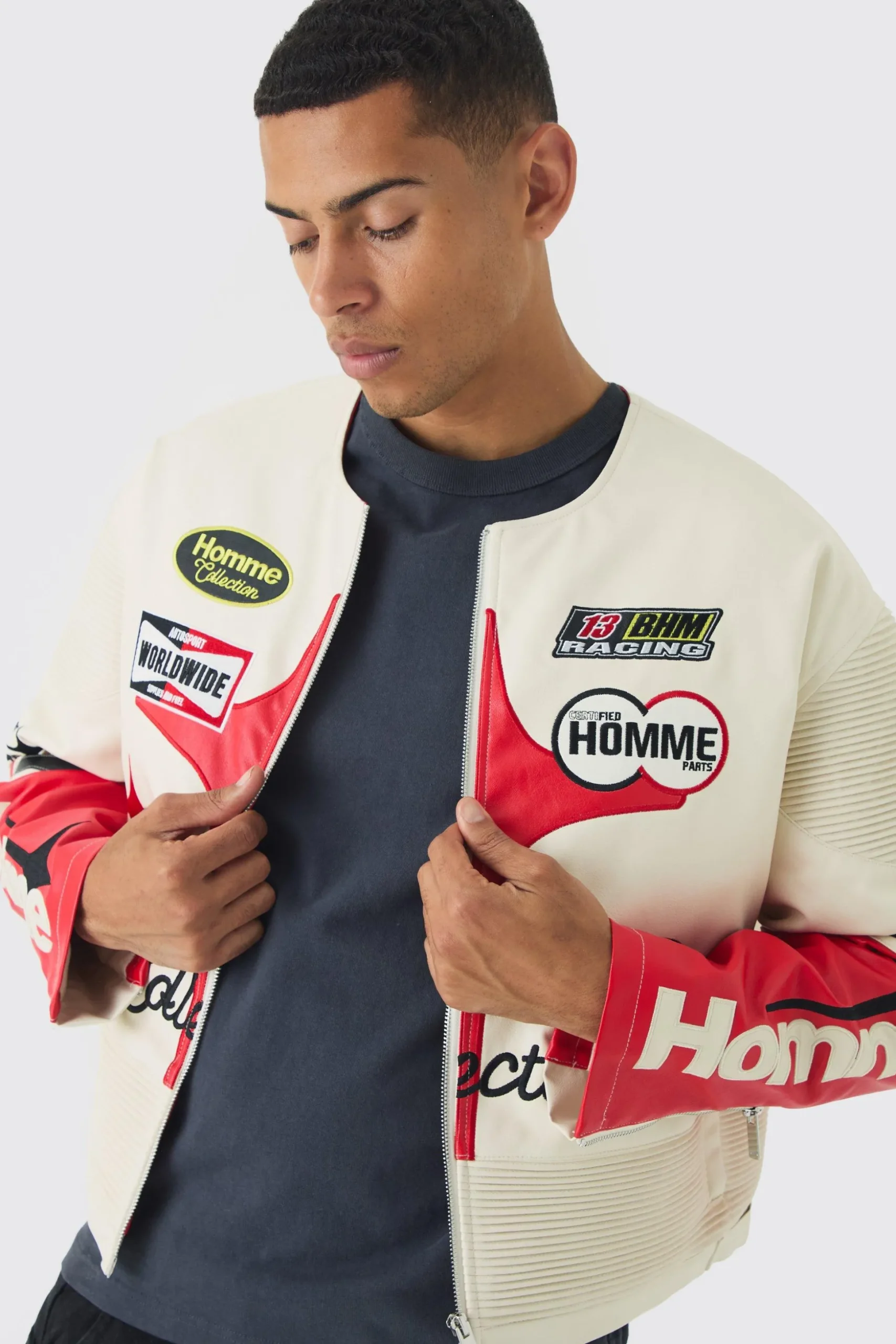 Boxy Collarless Homme PU Moto Jacket In Ecru | BoohooMAN UK