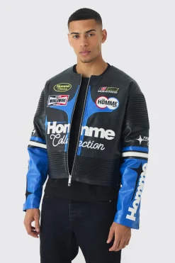 Boxy Collarless Homme PU Moto Jacket In Black | BoohooMAN UK