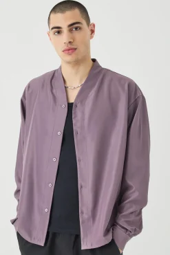 Boxy Collarless Soft Twill Label Shirt | BoohooMAN UK