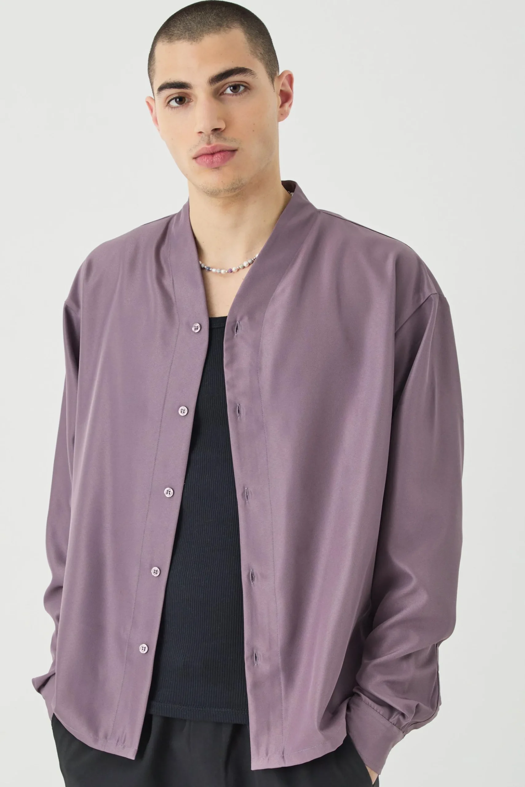 Boxy Collarless Soft Twill Label Shirt | BoohooMAN UK