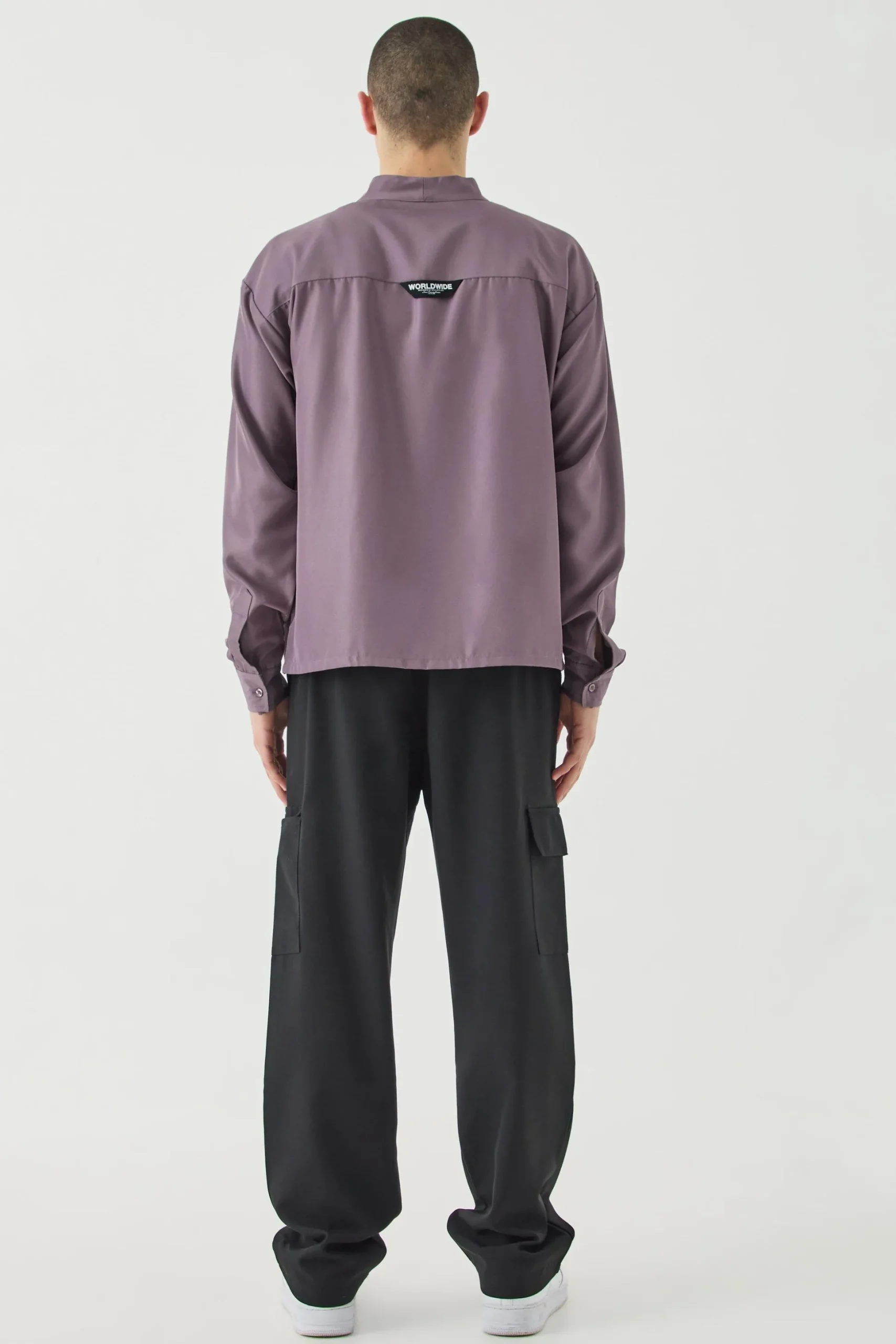 Boxy Collarless Soft Twill Label Shirt | BoohooMAN UK