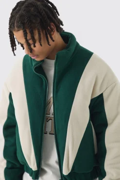 Boxy Colour Block Funnel Neck Fleece Jacket In Green | BoohooMAN UK