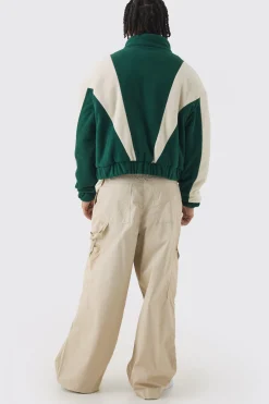 Boxy Colour Block Funnel Neck Fleece Jacket In Green | BoohooMAN UK