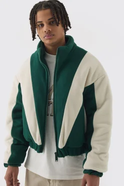 Boxy Colour Block Funnel Neck Fleece Jacket In Green | BoohooMAN UK