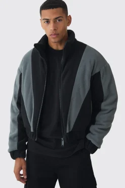 Boxy Colour Block Funnel Neck Fleece Jacket In Black | BoohooMAN UK