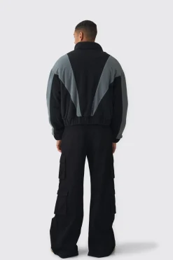 Boxy Colour Block Funnel Neck Fleece Jacket In Black | BoohooMAN UK