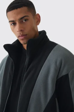 Boxy Colour Block Funnel Neck Fleece Jacket In Black | BoohooMAN UK