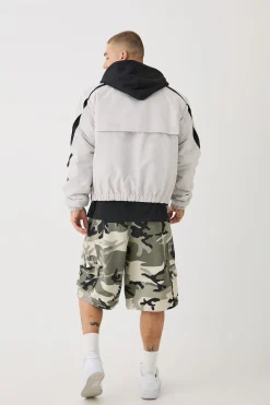 Boxy Colour Block Panel Hooded Bomber In Black | BoohooMAN UK