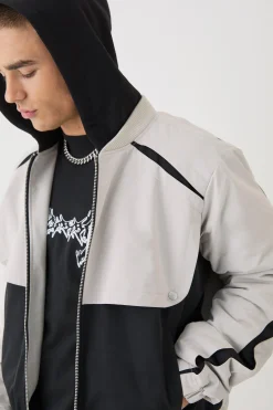 Boxy Colour Block Panel Hooded Bomber In Black | BoohooMAN UK