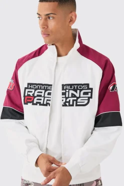 Boxy Colour Block Twill Moto Bomber Jacket In Ecru | BoohooMAN UK