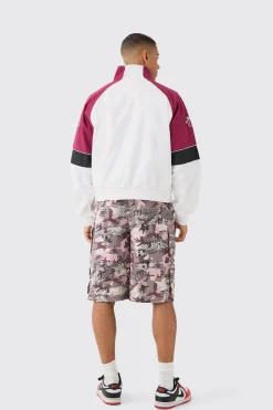 Boxy Colour Block Twill Moto Bomber Jacket In Ecru | BoohooMAN UK