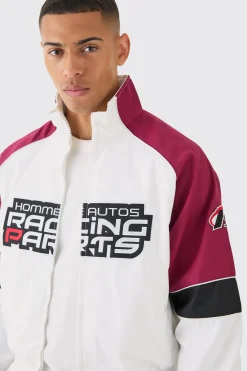 Boxy Colour Block Twill Moto Bomber Jacket In Ecru | BoohooMAN UK