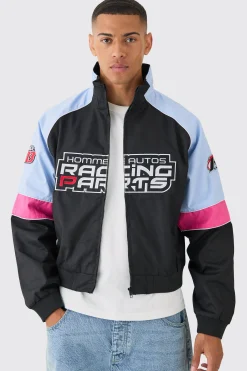 Boxy Colour Block Twill Moto Bomber Jacket In Black | BoohooMAN UK