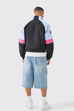 Boxy Colour Block Twill Moto Bomber Jacket In Black | BoohooMAN UK