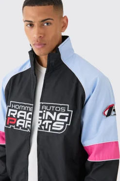 Boxy Colour Block Twill Moto Bomber Jacket In Black | BoohooMAN UK