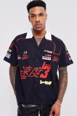 Boxy Cotton Poplin Moto Applique Shirt | BoohooMAN UK