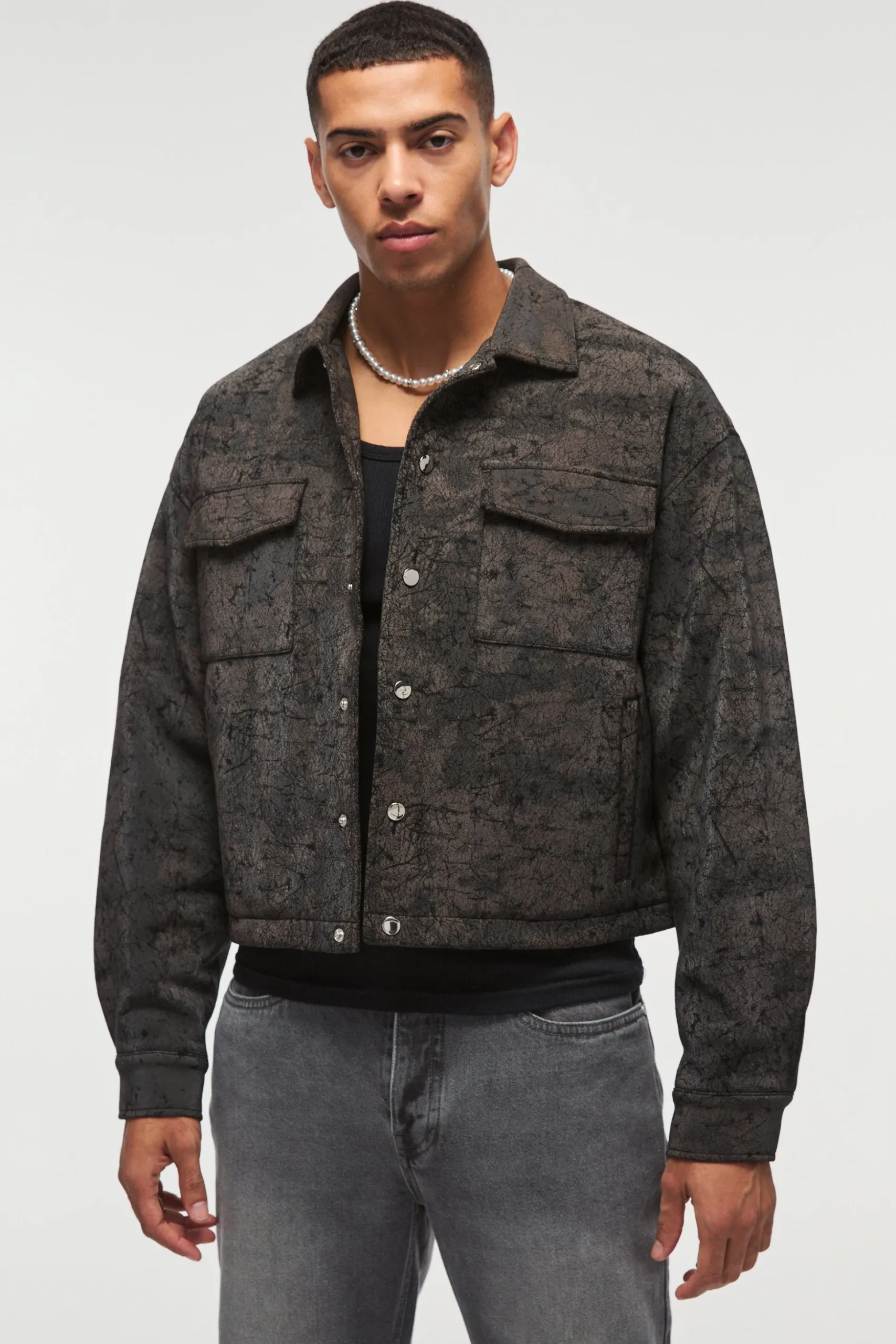 Boxy Cracked Effect Faux Suede Harrington In Black | BoohooMAN UK