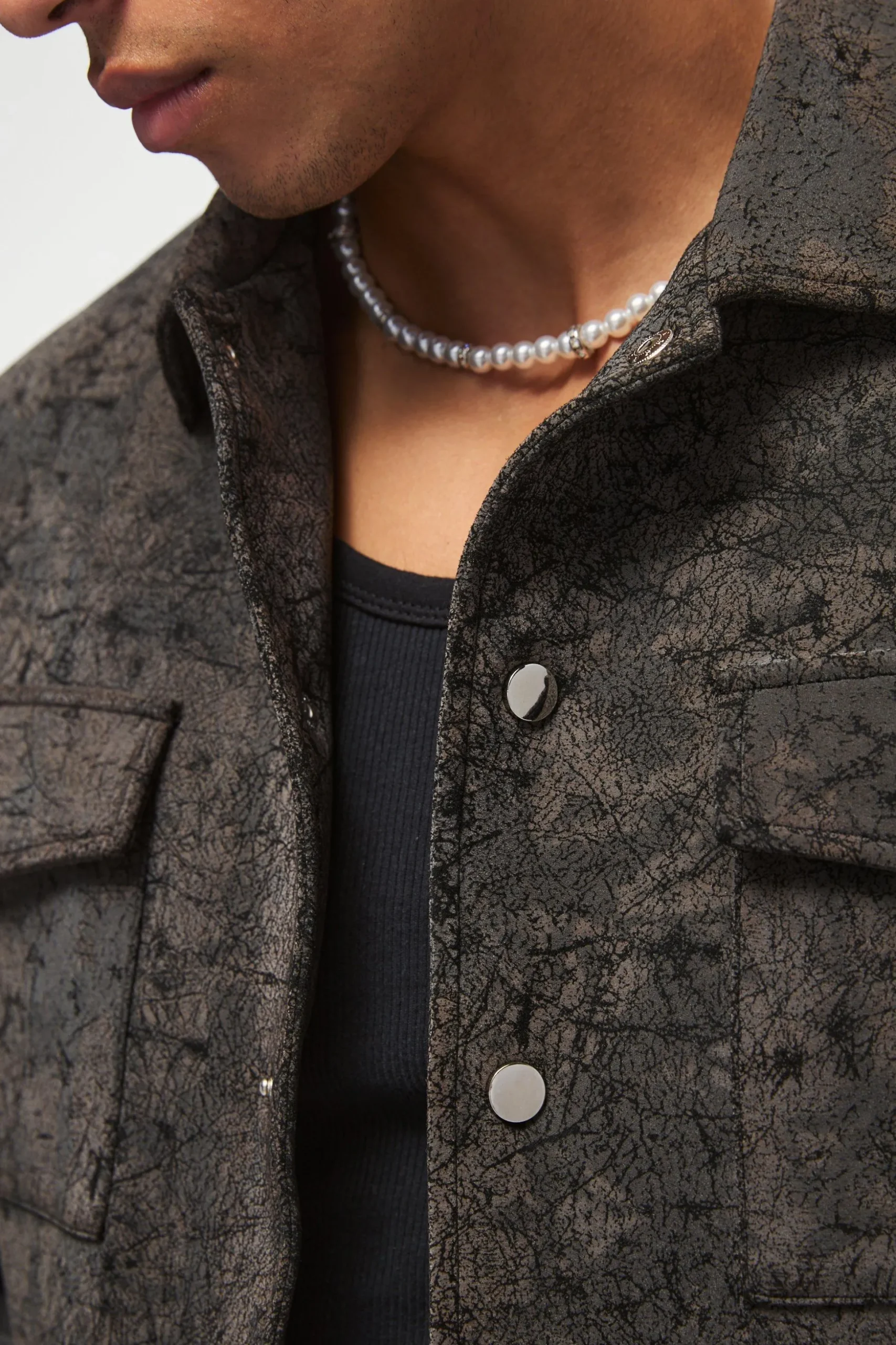 Boxy Cracked Effect Faux Suede Harrington In Black | BoohooMAN UK