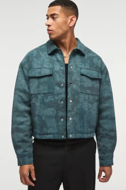Boxy Cracked Effect Faux Suede Harrington In Green | BoohooMAN UK