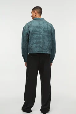 Boxy Cracked Effect Faux Suede Harrington In Green | BoohooMAN UK