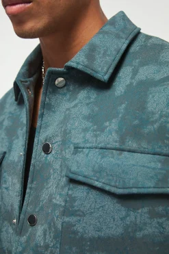 Boxy Cracked Effect Faux Suede Harrington In Green | BoohooMAN UK