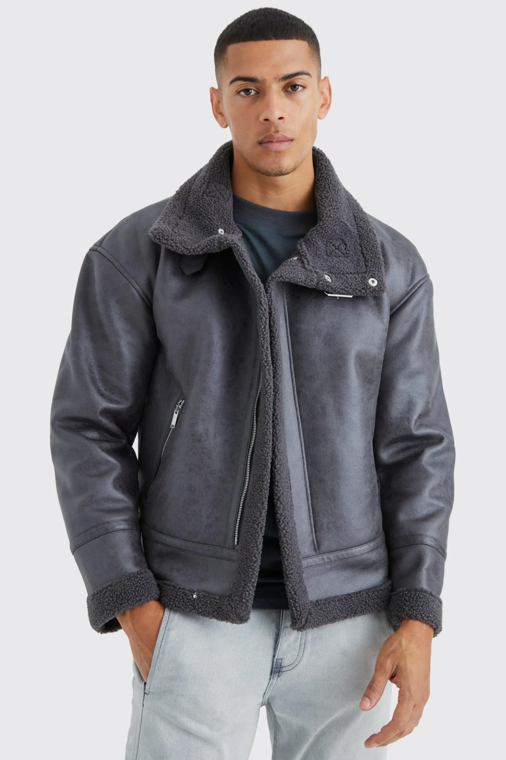 Boxy Cracked Pu Aviator | BoohooMAN UK