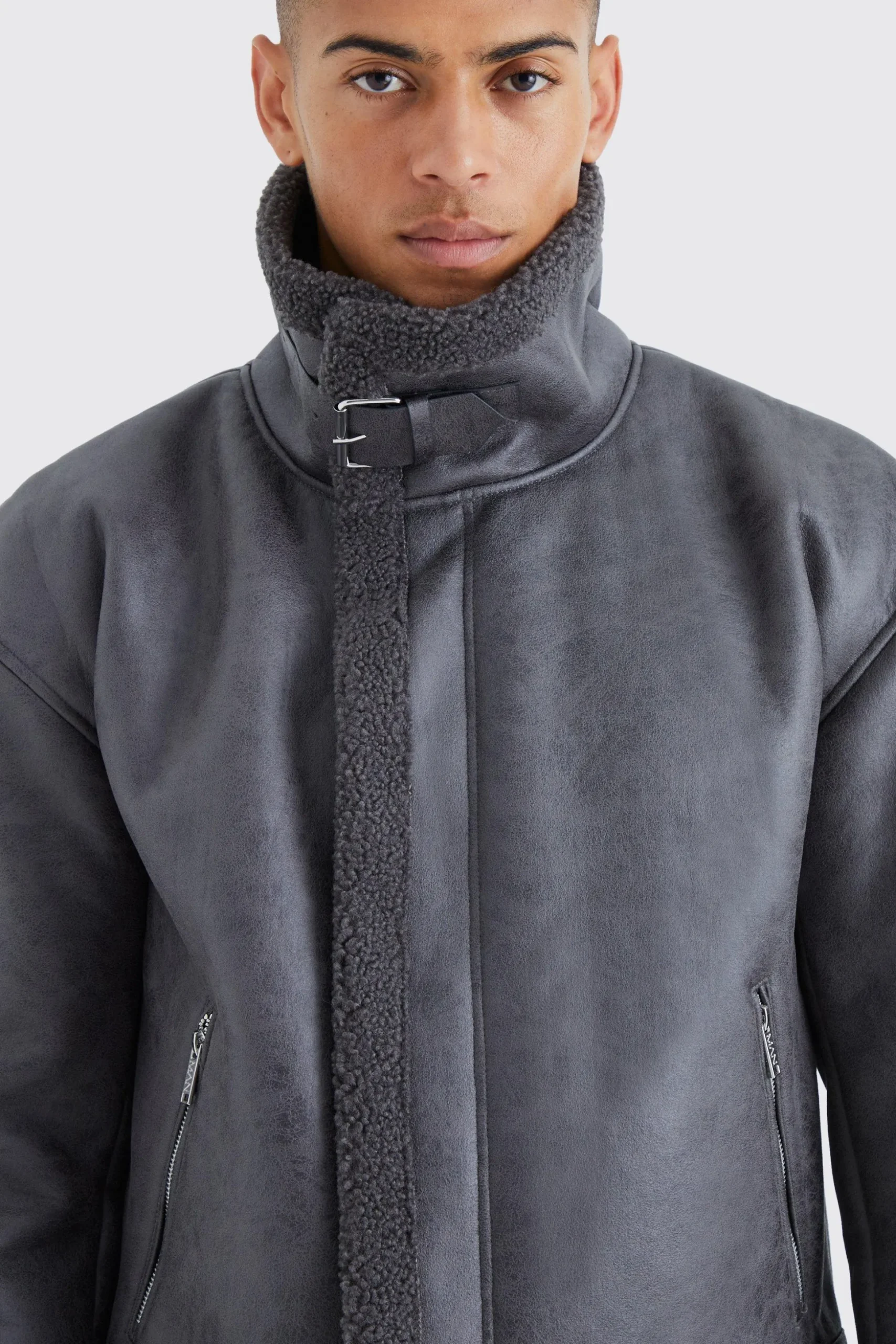 Boxy Cracked Pu Aviator | BoohooMAN UK