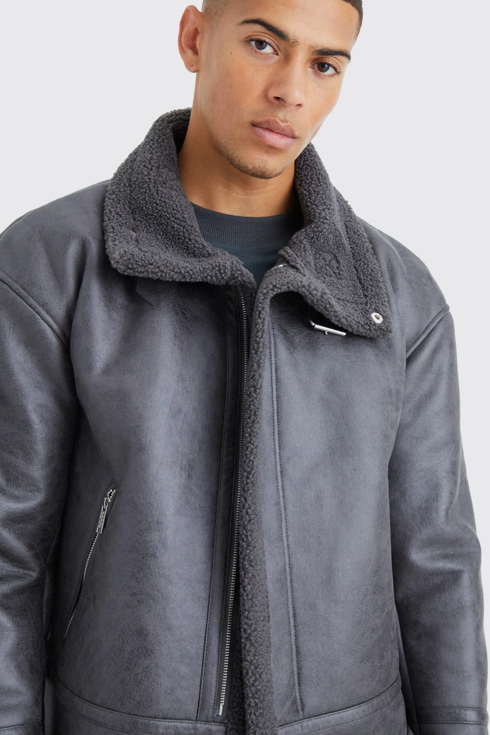 Boxy Cracked Pu Aviator | BoohooMAN UK