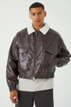 Boxy Cracked Pu Aviator With Borg Collar | BoohooMAN UK