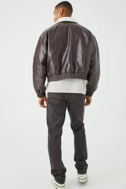 Boxy Cracked Pu Aviator With Borg Collar | BoohooMAN UK