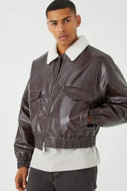 Boxy Cracked Pu Aviator With Borg Collar | BoohooMAN UK