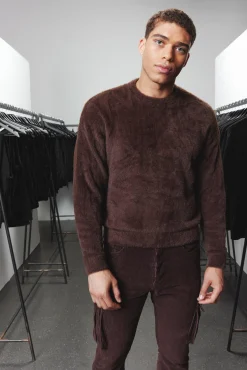 Boxy Crew Neck Fluffy Knitted Jumper | BoohooMAN UK