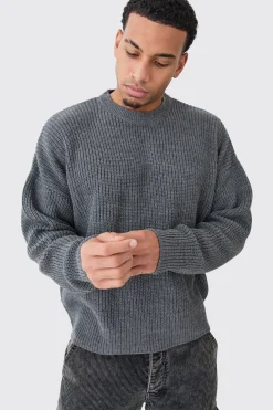 Boxy Crew Neck Ribbed Knitted Jumper | BoohooMAN UK