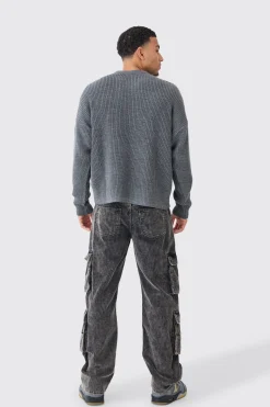Boxy Crew Neck Ribbed Knitted Jumper | BoohooMAN UK